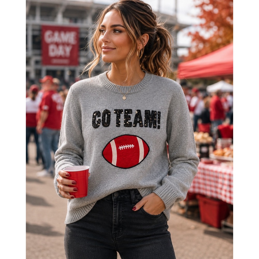 Go Team Football Sequin Sweater Gray Game Day Tailgate Sports Mom Sporty Sz M